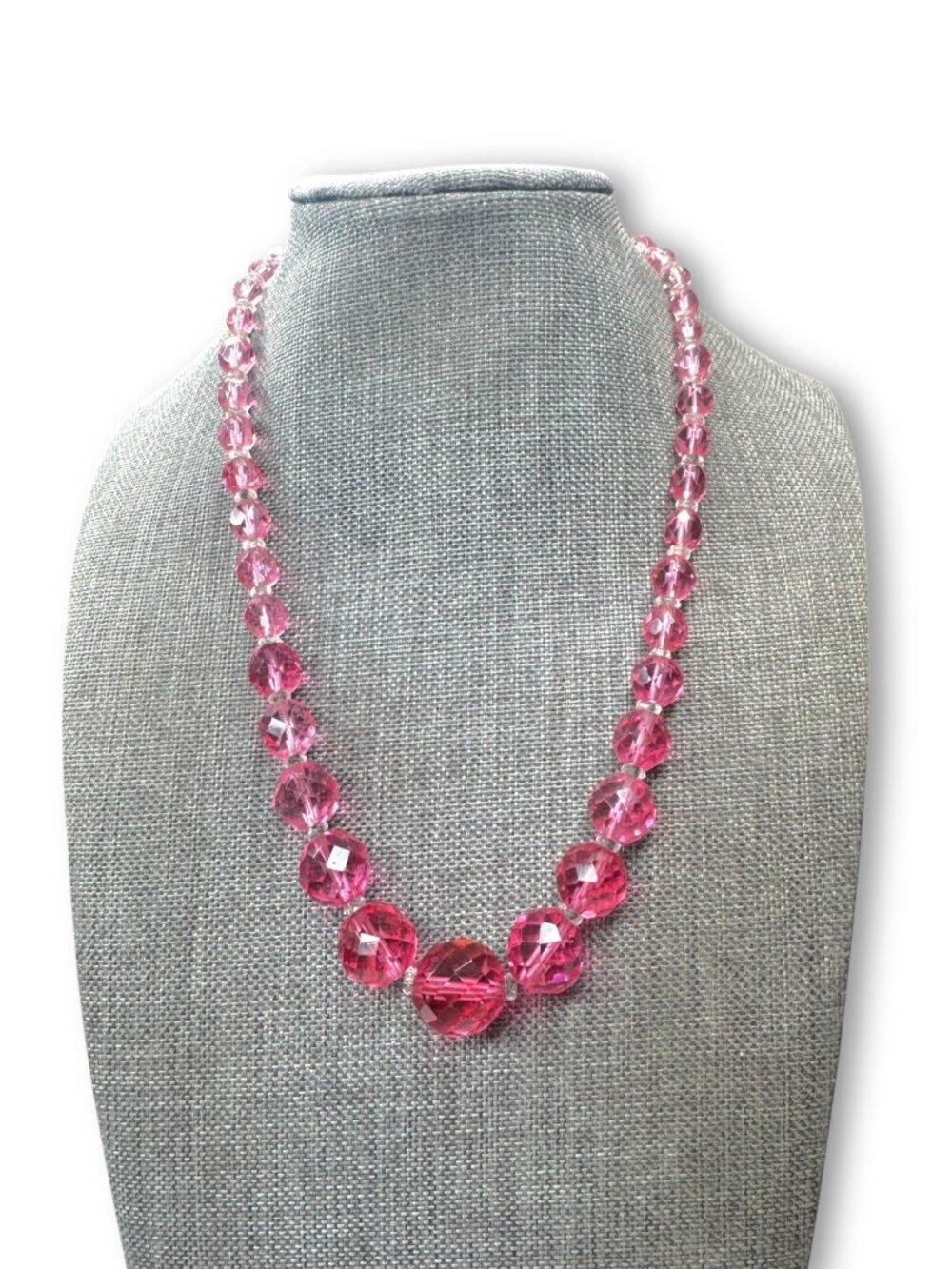 Japan Pink Faceted Crystal Graduated Beaded Necklace 16.5" Mid Century Vintage